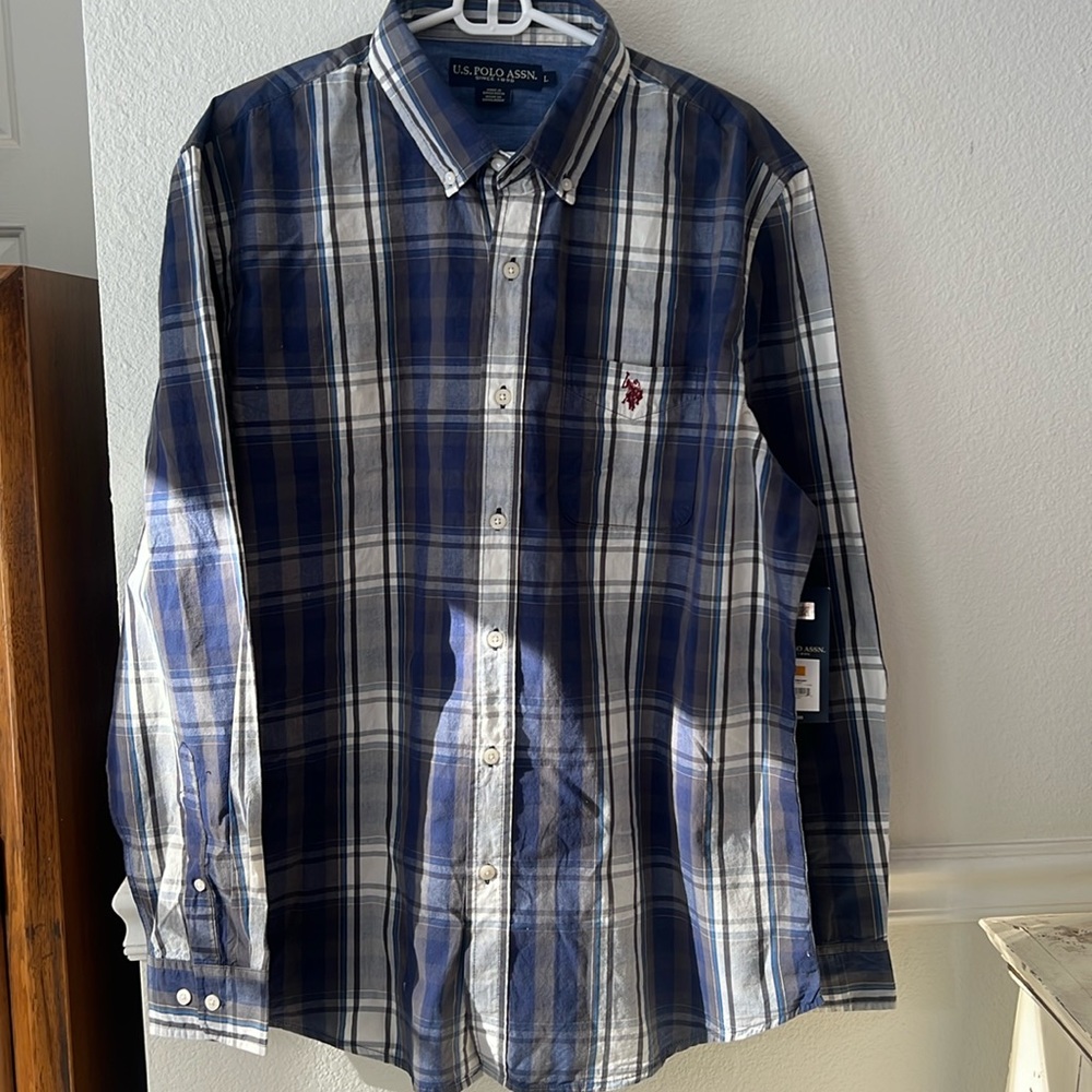 US Polo Assn Mens Plaid Woven Shirt Classic Navy Button Up Long Sleeves Prep